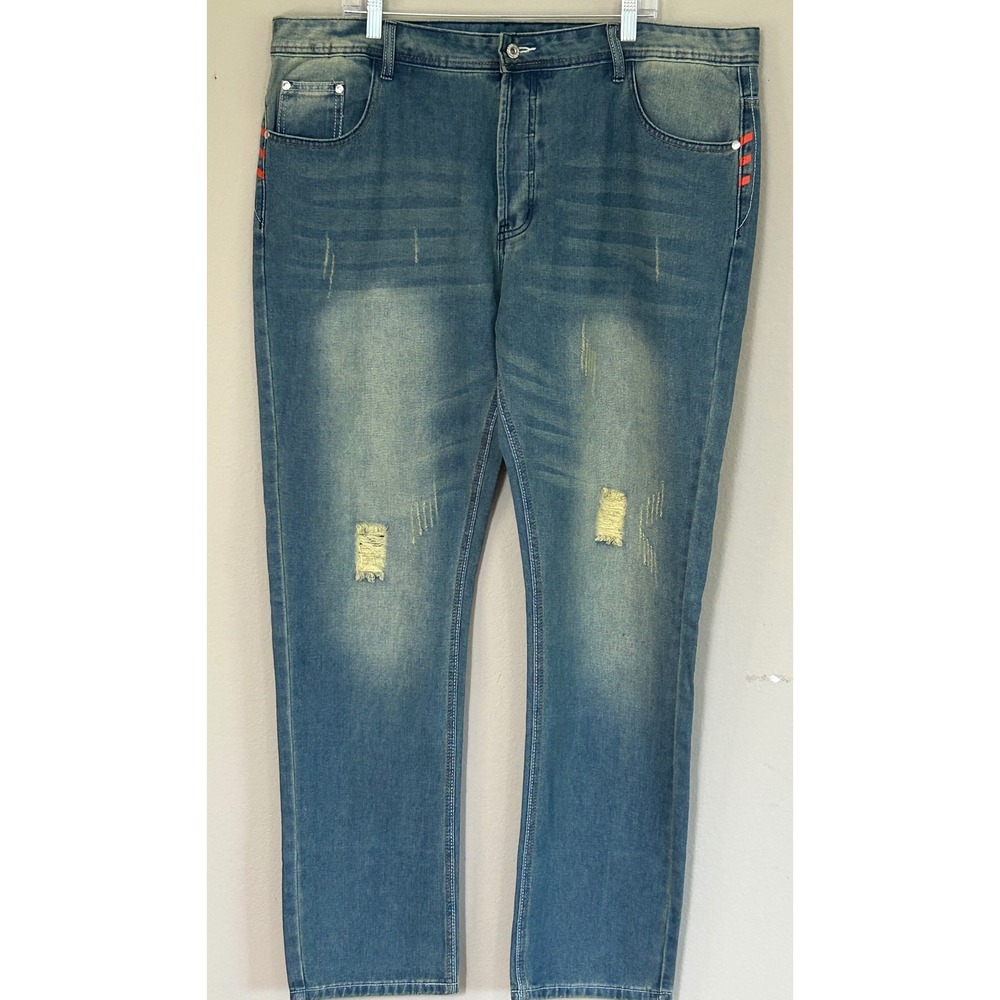 Fashion Jeans Blue Distressed Straight Leg Denim Orange Stripe Accents Size 42